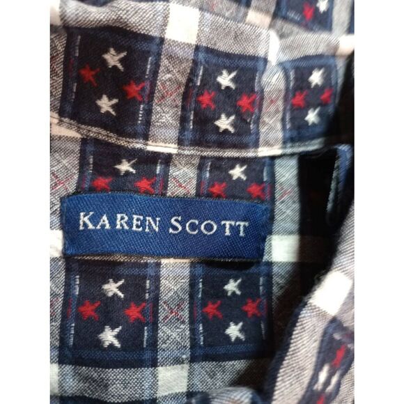 Karen Scott Shirt Ladies Medium Navy Red Stars Button Front Short Sleeve - Picture 5 of 7